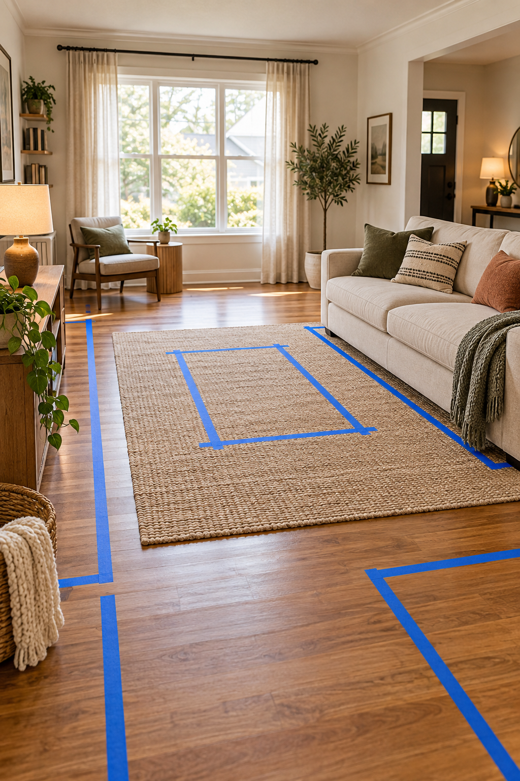 A measured living room layout with practical furniture spacing