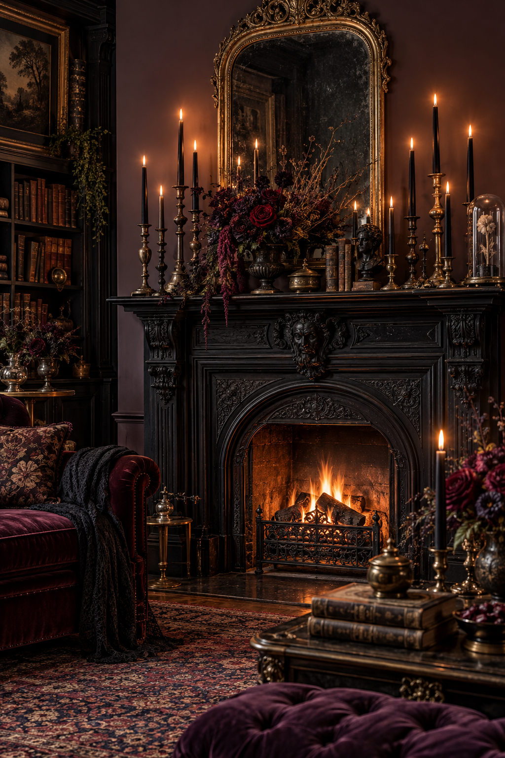 Layer Black Taper Candles at Different Heights styled as gothic Victorian Halloween mantel ideas