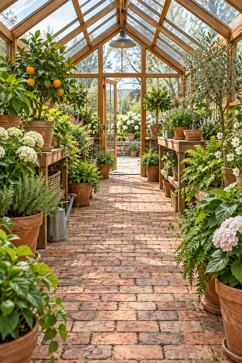 Lay a Durable Brick Floor inside a beautiful garden greenhouse