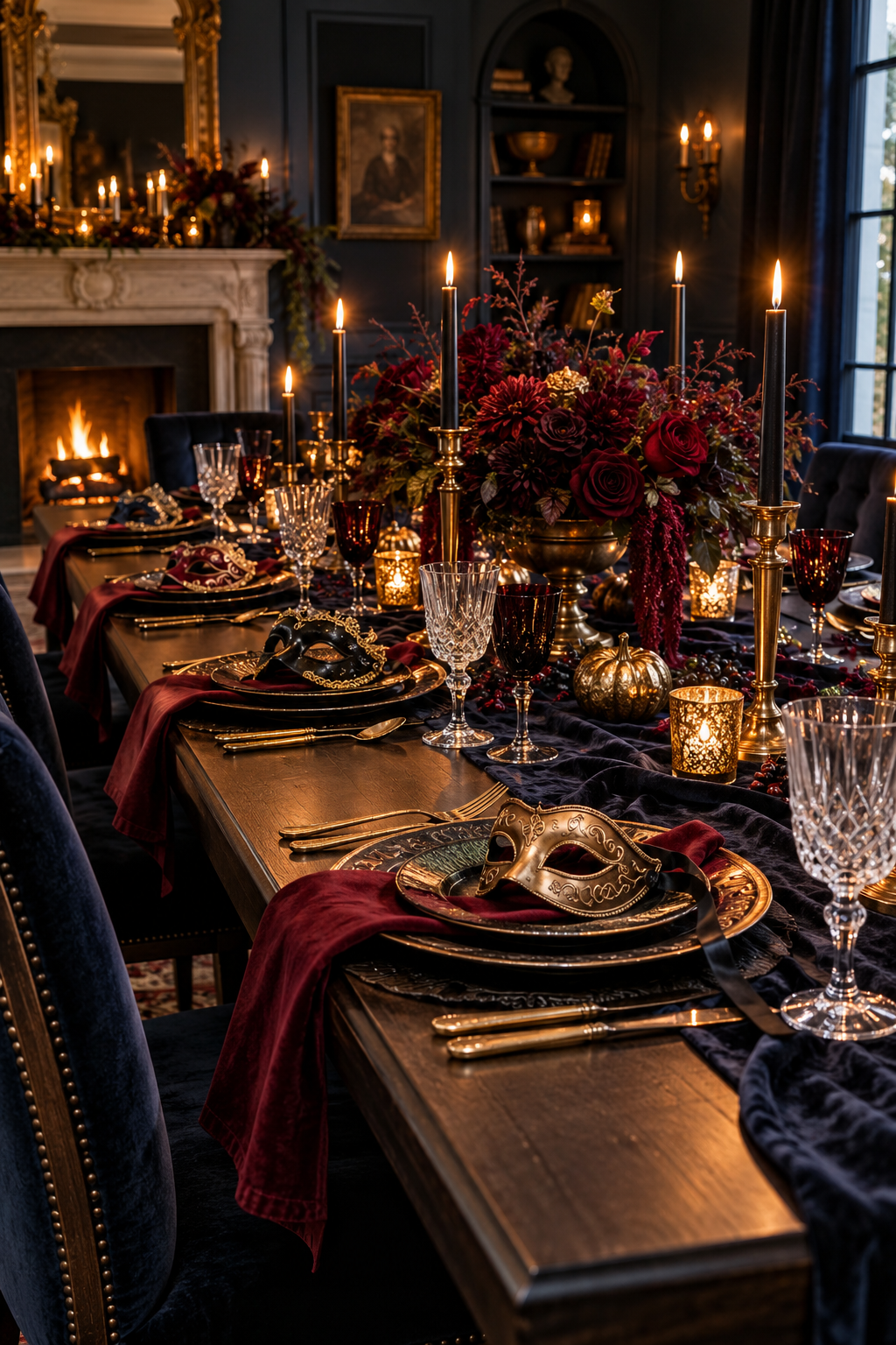 Place a Mask at Every Setting styled as Halloween masquerade tablescape ideas