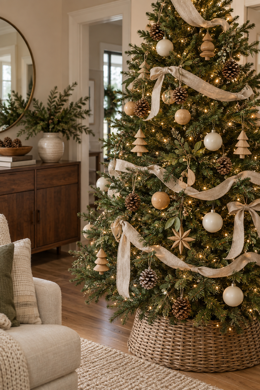 Natural Christmas tree decorated with linen ribbon, wood ornaments and pinecones