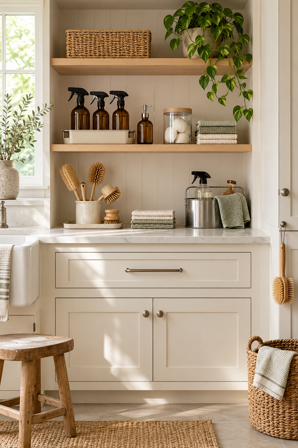 Start with a Small Core Product Collection in an organized naturally minded cleaning station