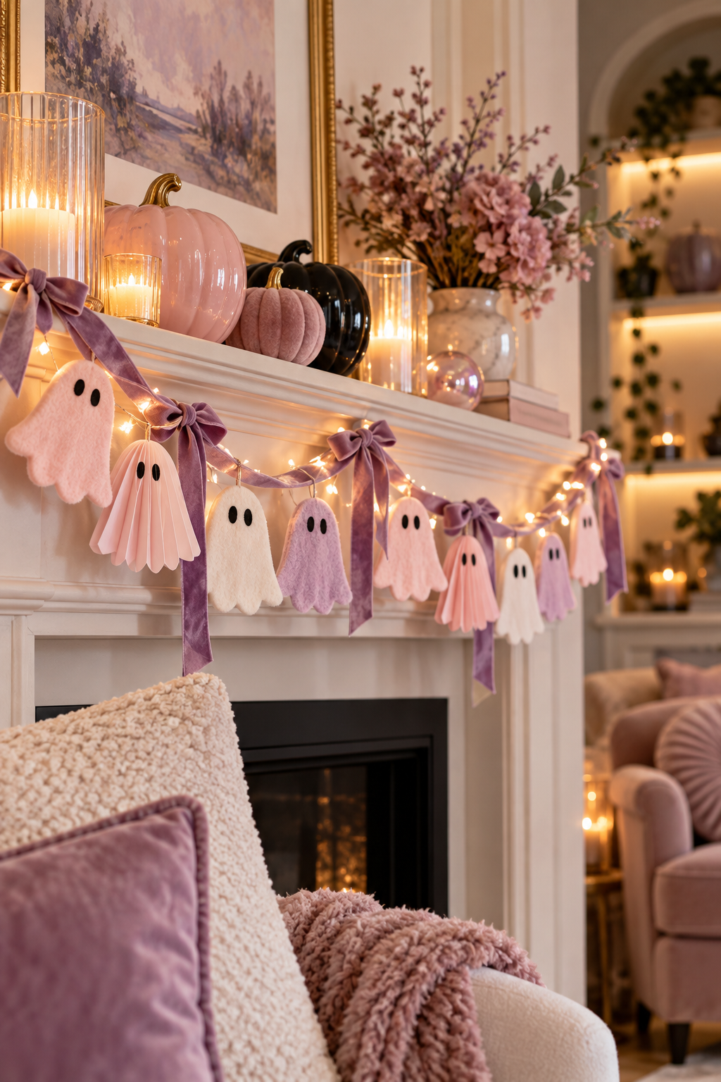 Create a Blush Ghost Garland styled as pink Halloween decor ideas