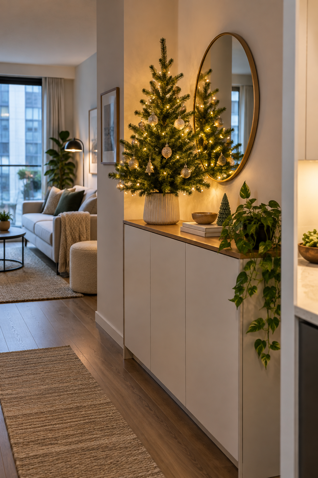 Display a tabletop tree on apartment furniture