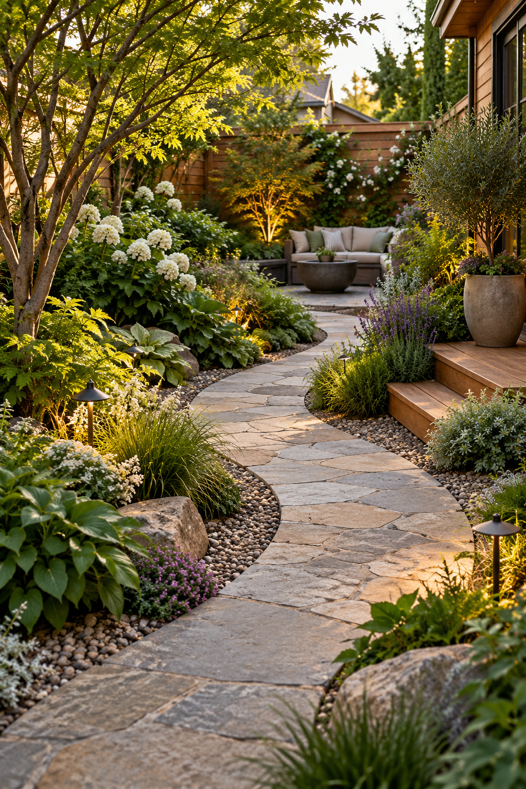 Frame the Garden with a Curved Path in a small backyard garden