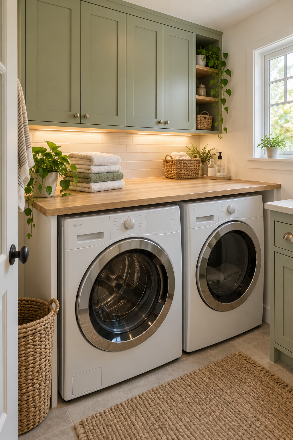 Install a Counter above Front-Loading Machines in a compact organized laundry room