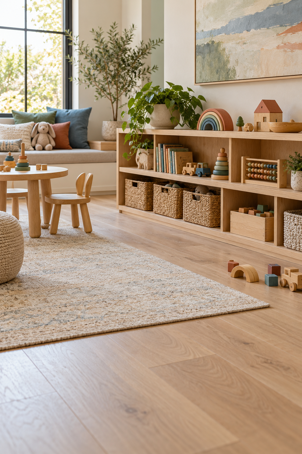Create Low Open Shelves for Everyday Favorites in a stylish organized playroom