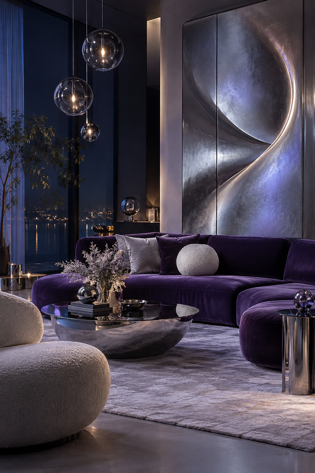 Ultraviolet living room with chrome accents and sculptural furniture