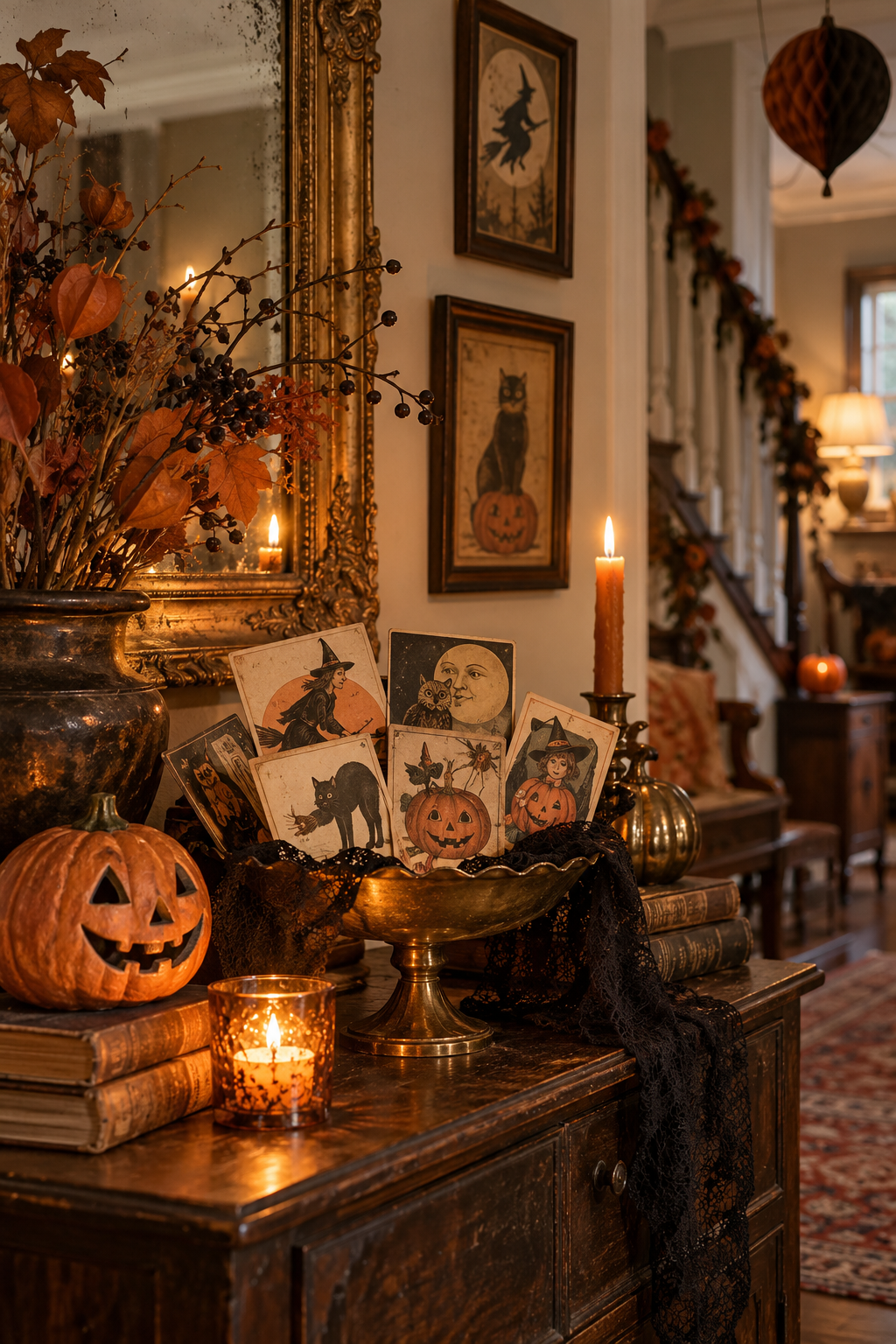 Display Reproduction Halloween Postcards styled as vintage Halloween decor ideas