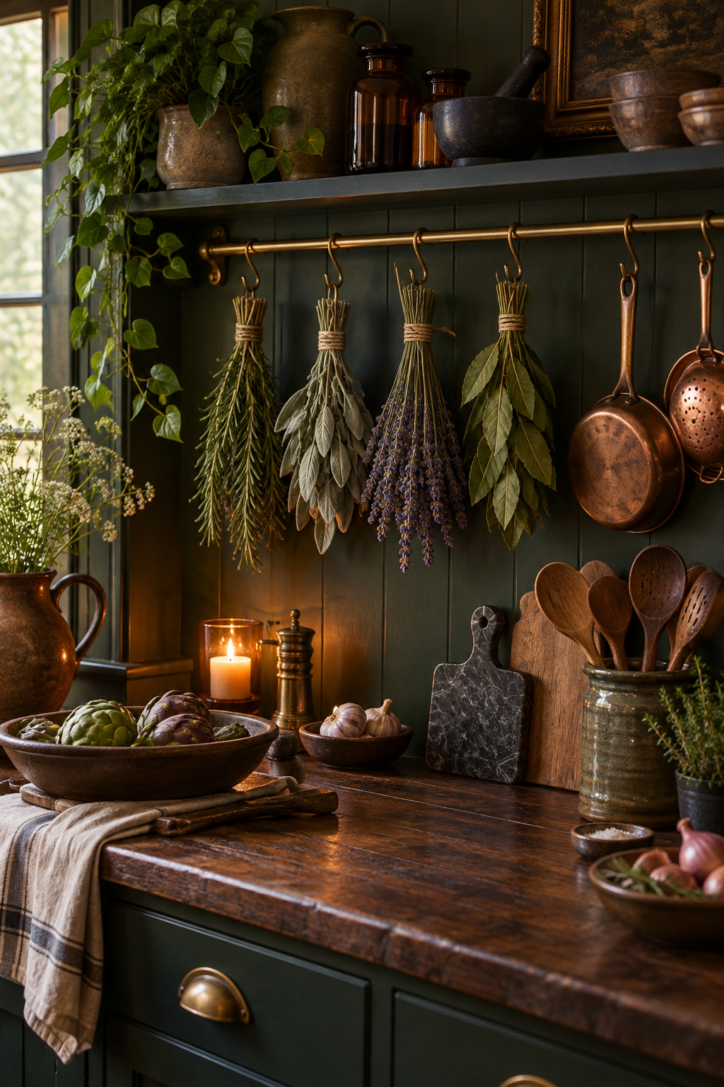 Hang Dried Herbs from a Rail styled as witchy kitchen decor ideas