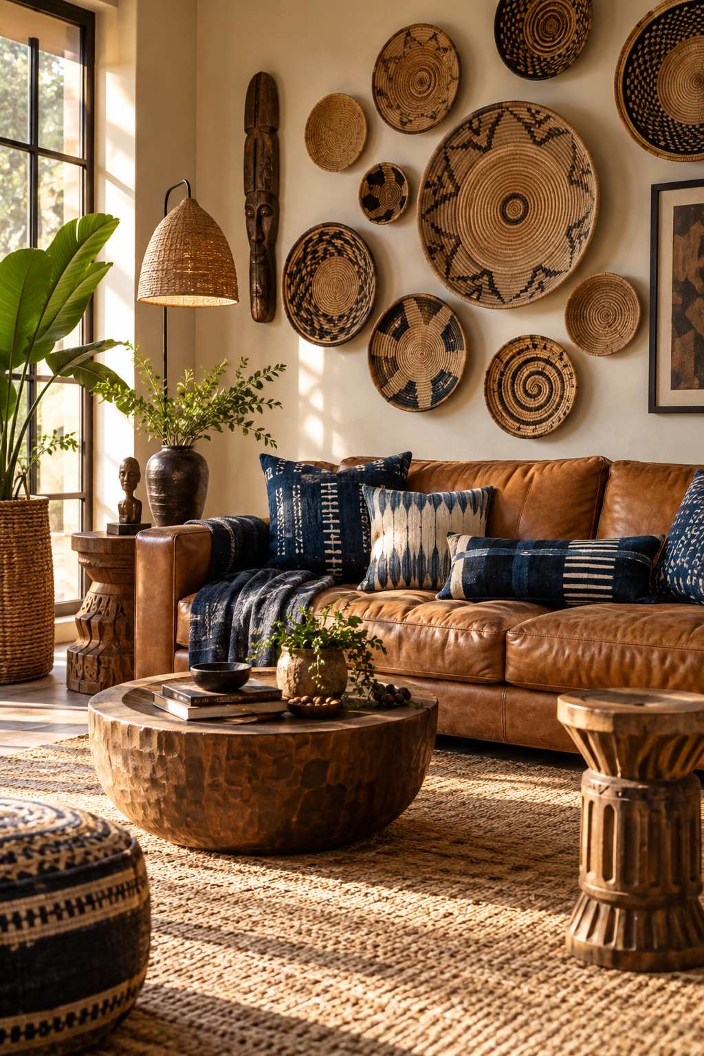 African boho living room with woven basket gallery wall and camel leather sofa