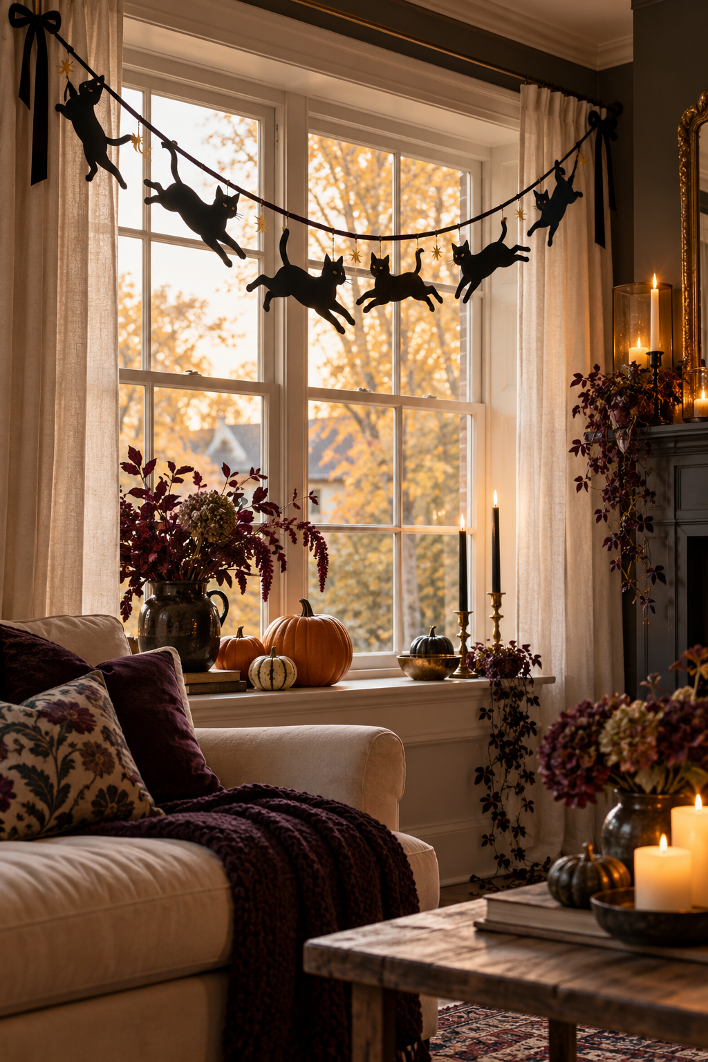 Hang a Leaping Cat Garland styled as black cat Halloween decor ideas
