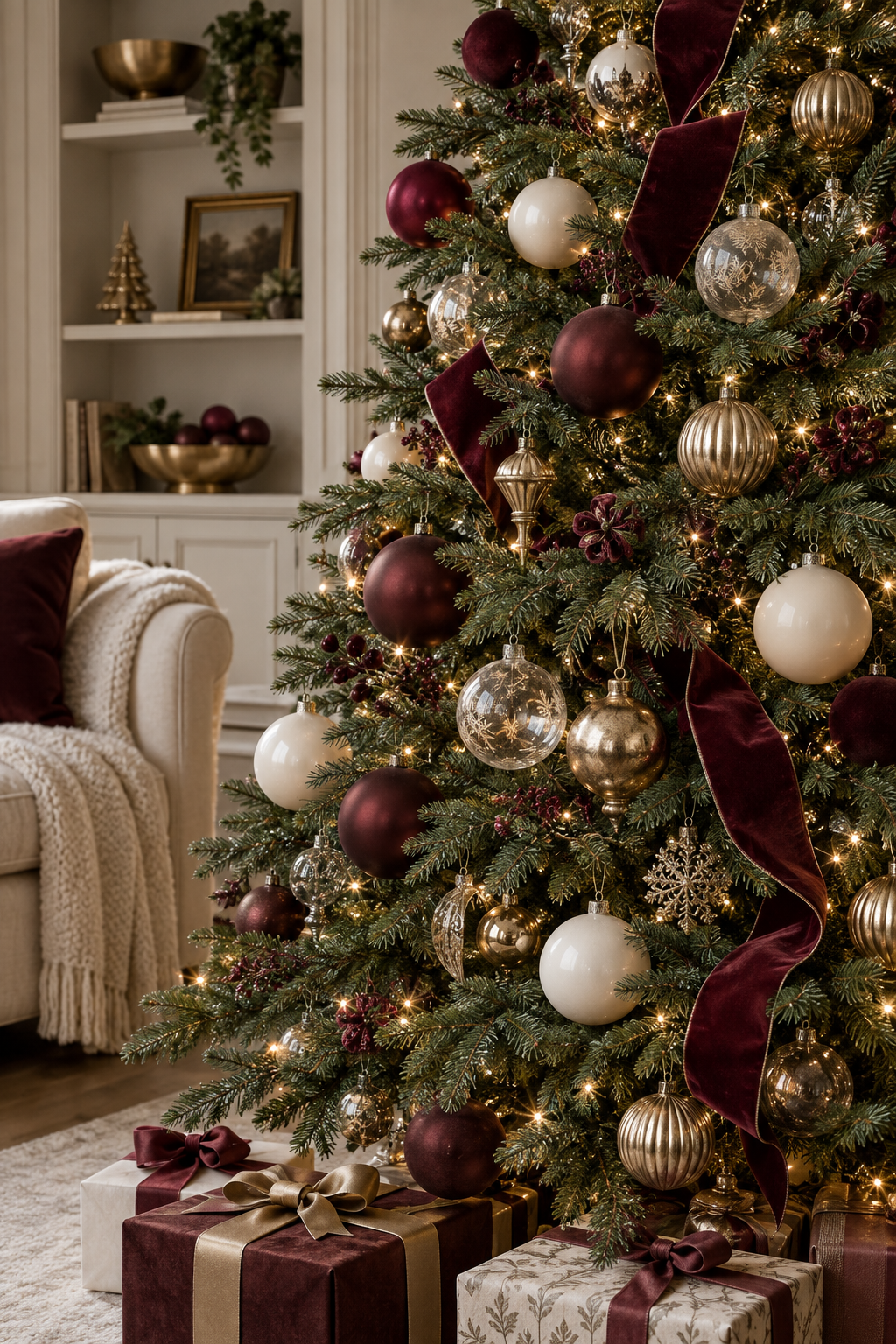 Christmas tree with burgundy, brass, ivory and glass ornament mix