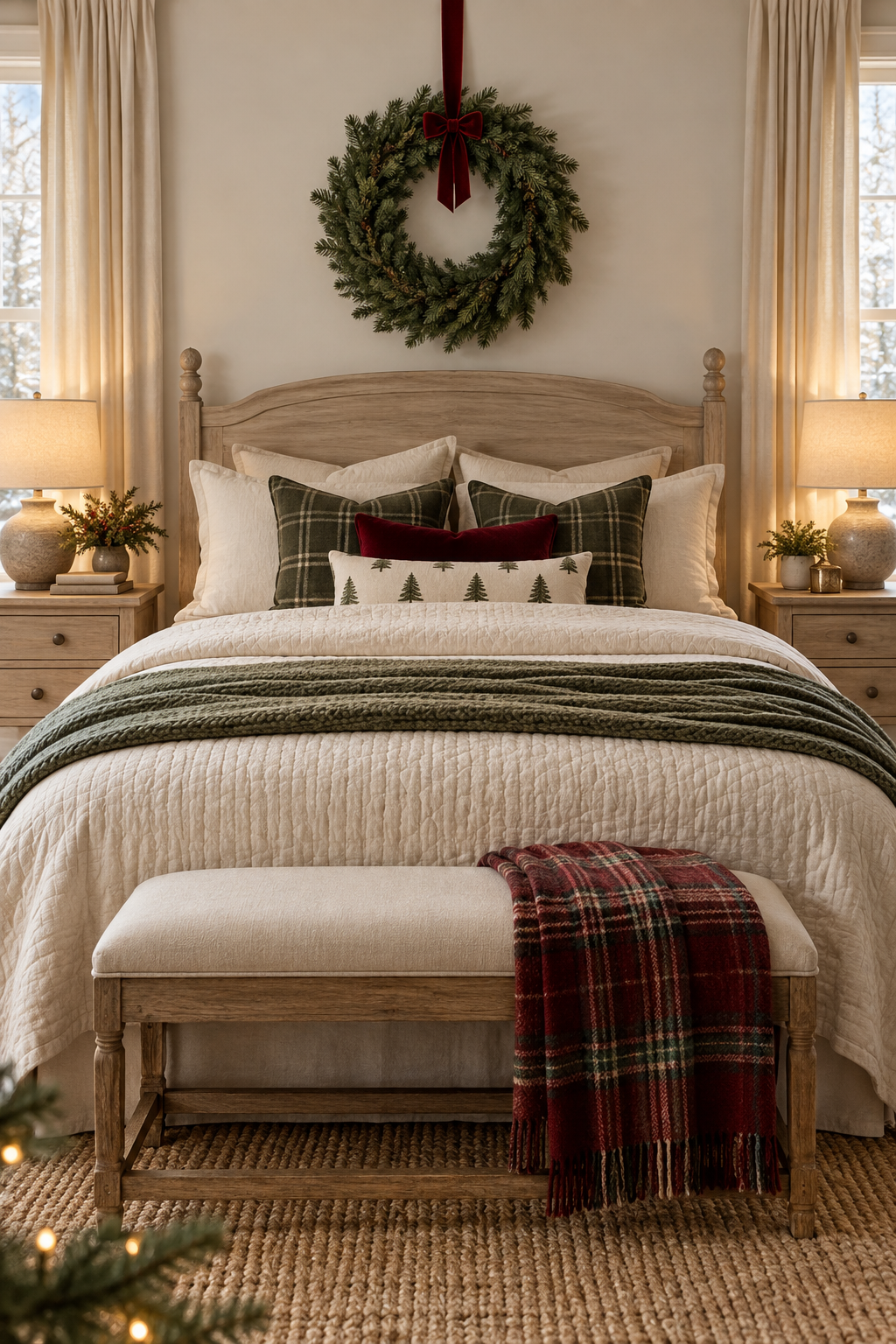 Neutral Christmas bedroom with a simple evergreen wreath centered over the headboard