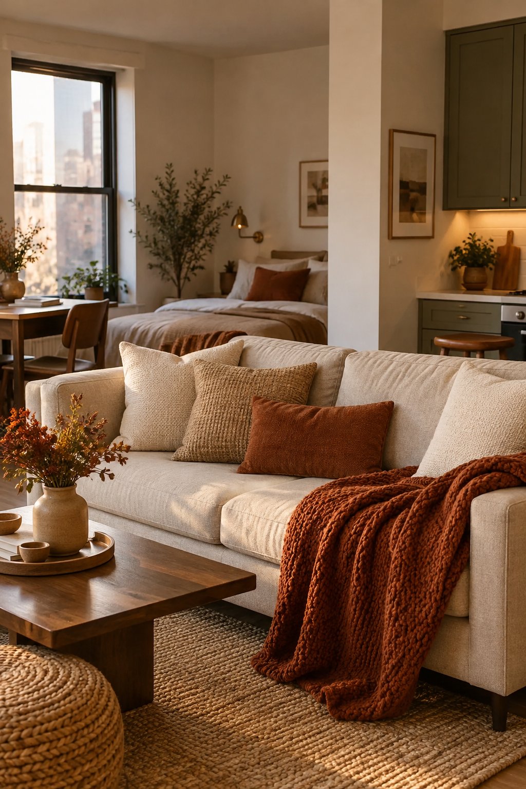 Layered warm apartment lighting for fall