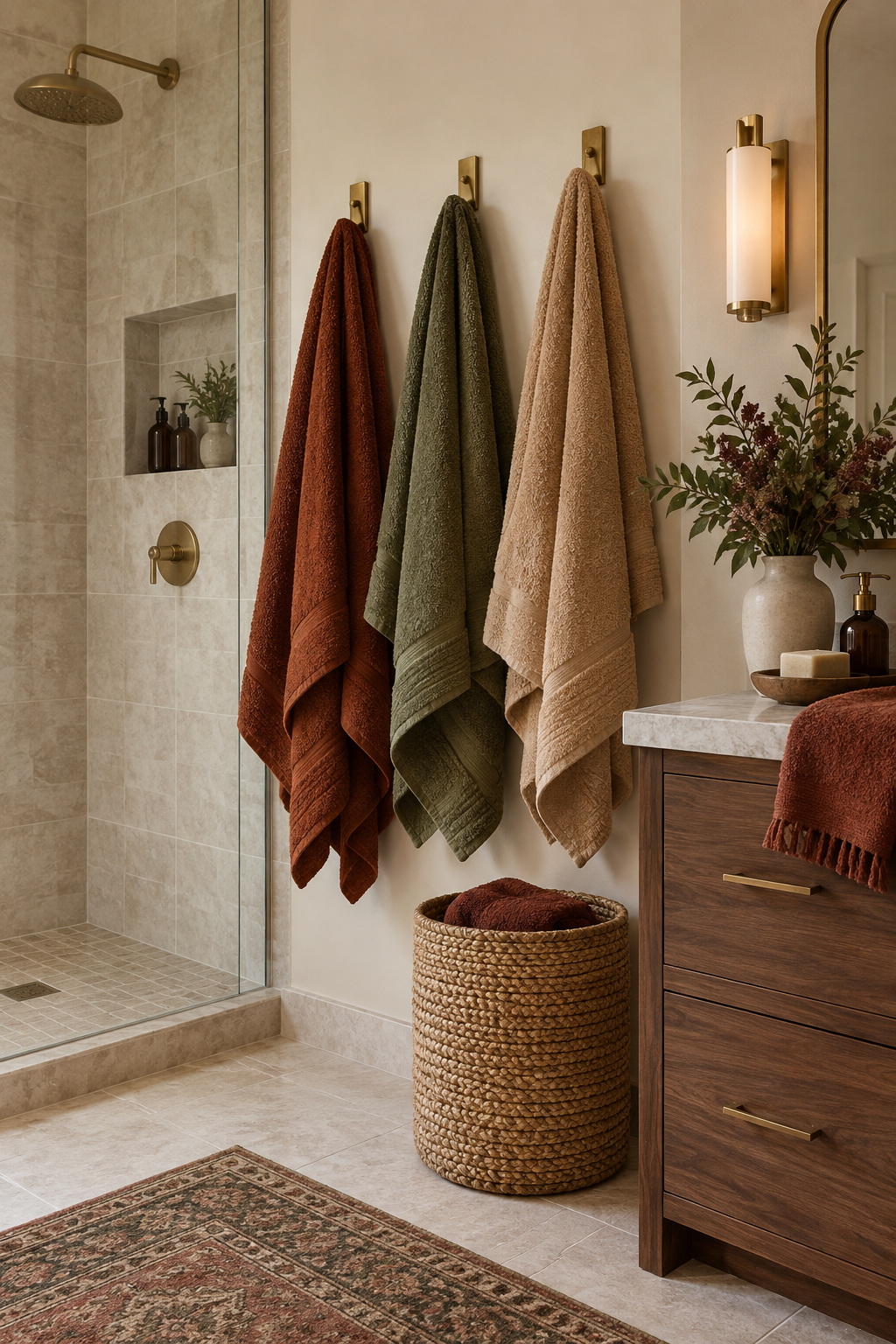 Rust and olive fall bathroom towels