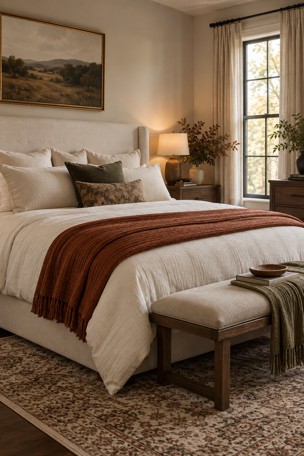 Rust throw layered on a cream bed