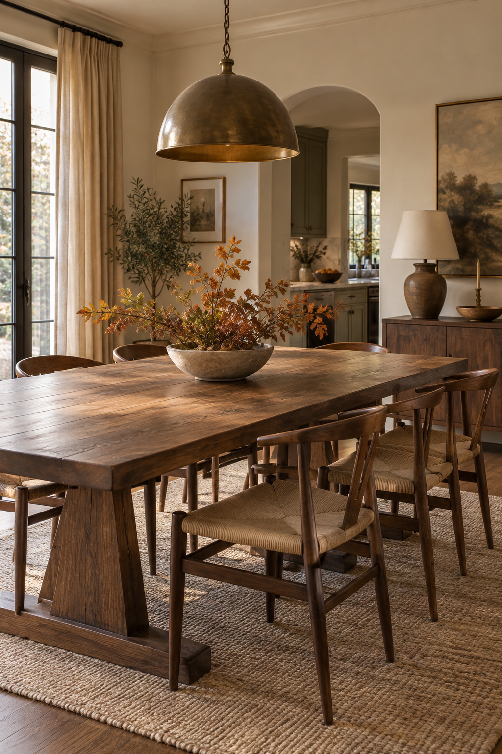 Visible wood table in a cozy fall dining room