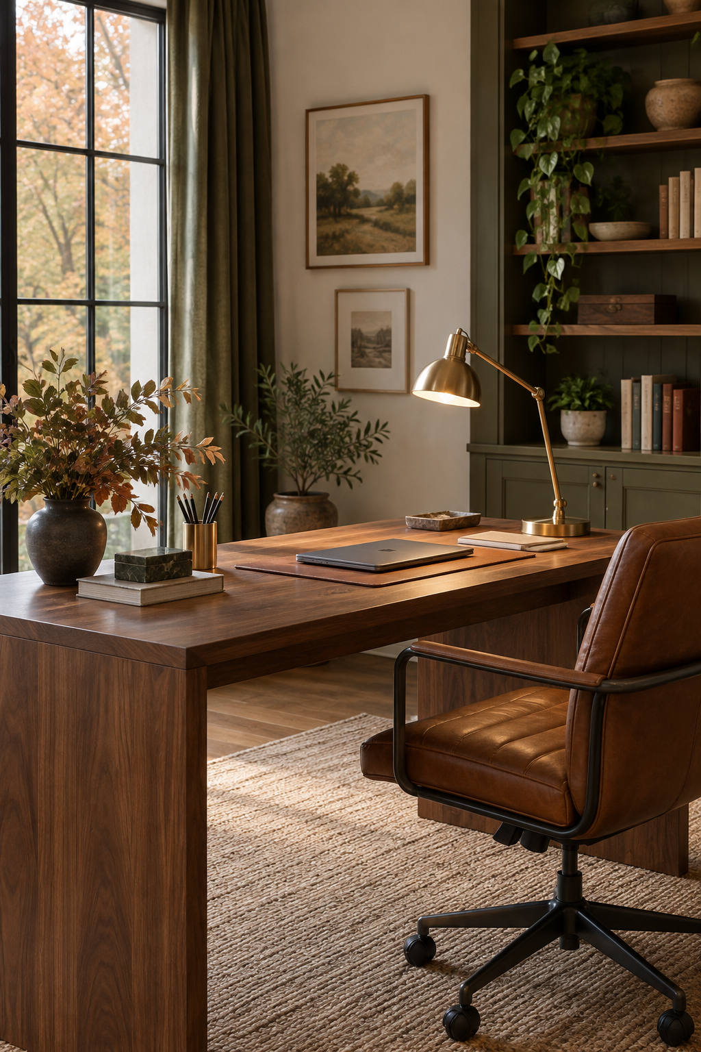 Warm adjustable task lamp on fall desk