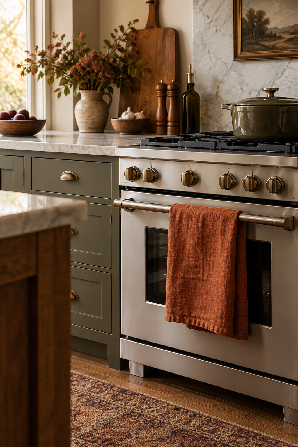 Rust linen towels in autumn kitchen