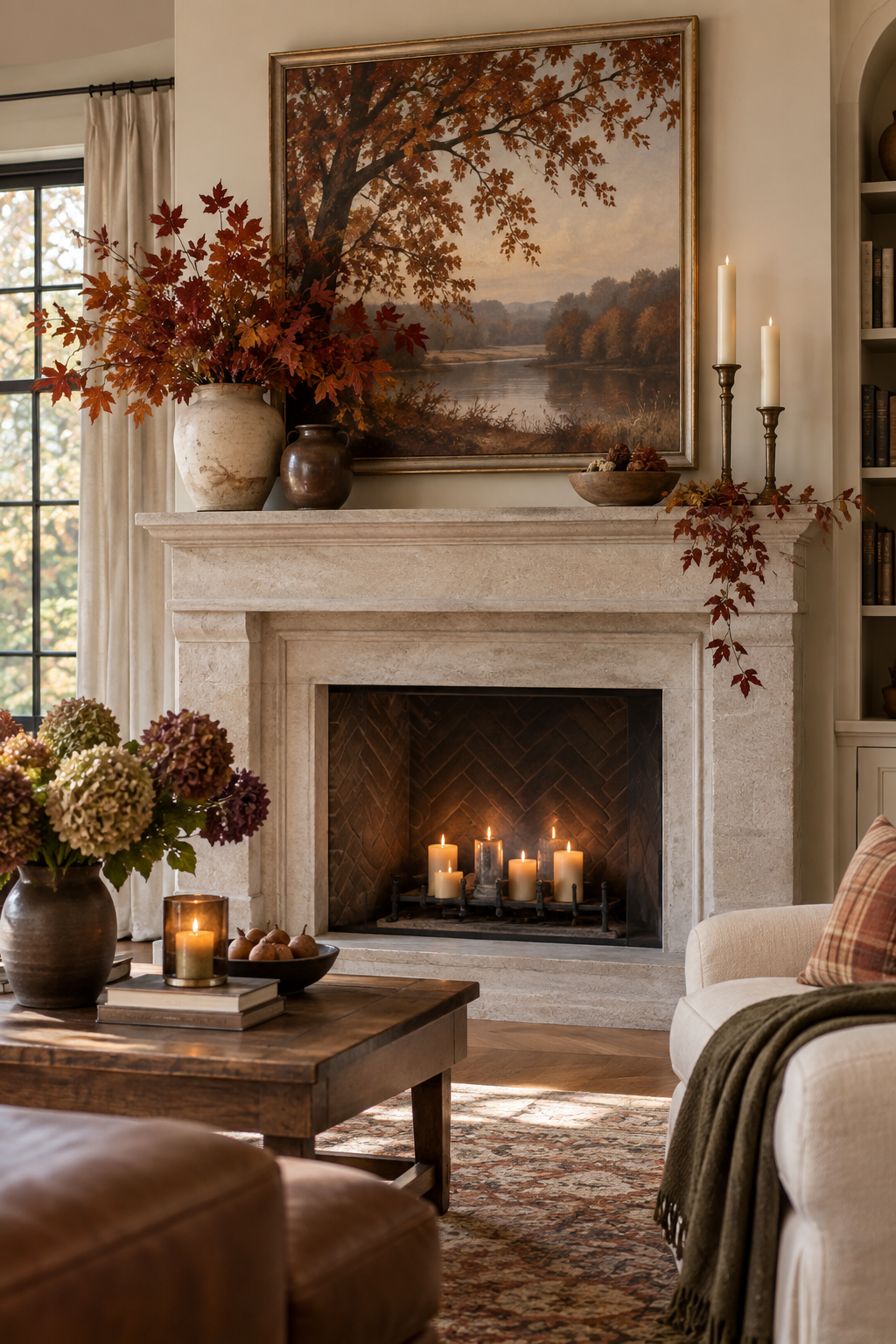 Autumn landscape anchoring a fall mantel