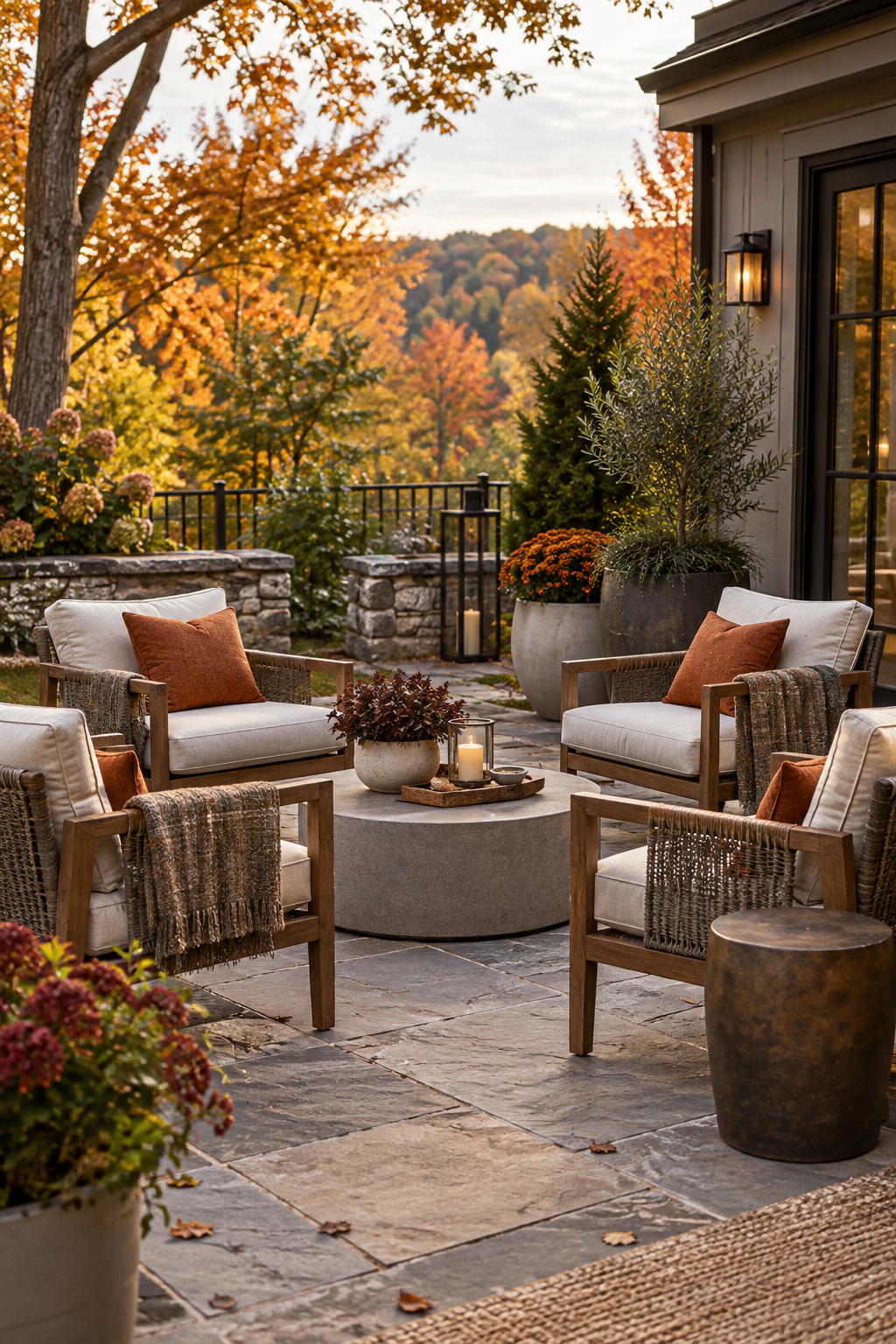 Conversation seating on a cozy autumn patio