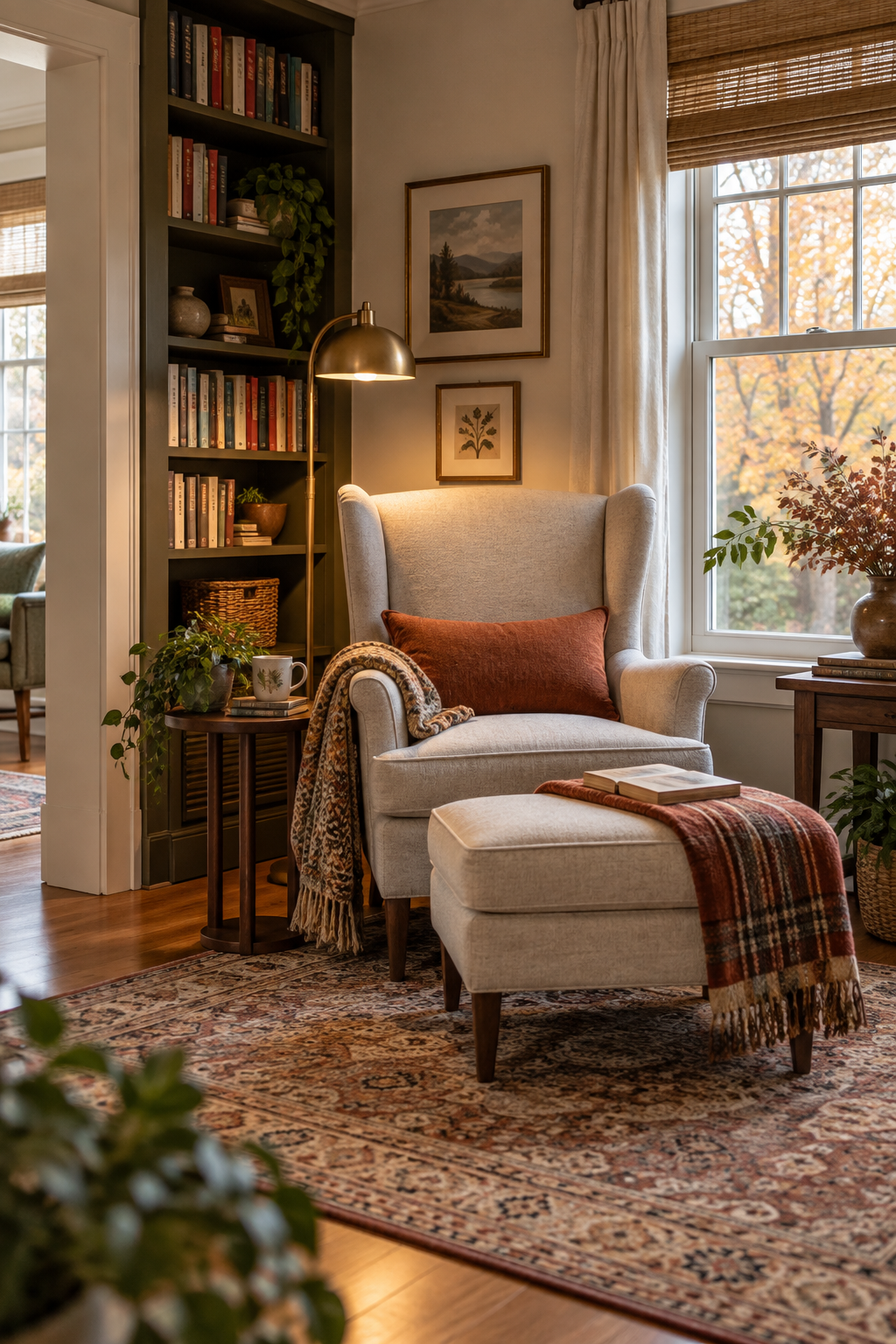 Supportive reading chair with an ottoman and lumbar pillow