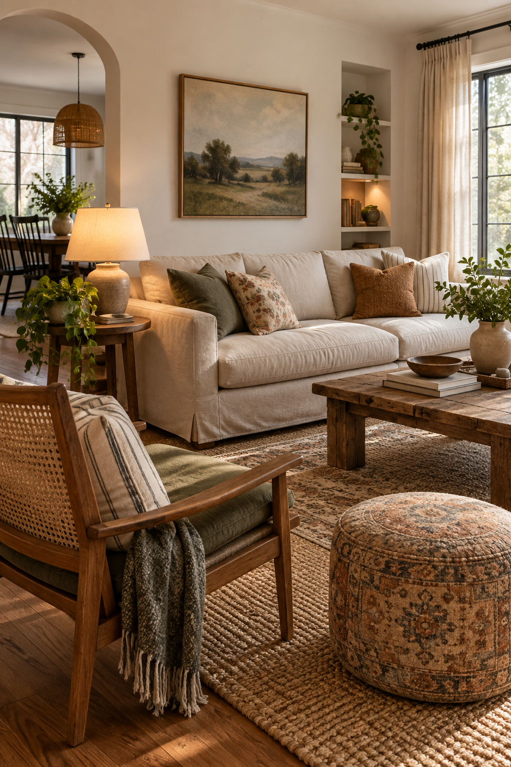 A comfortable neutral sofa styled with affordable collected accents