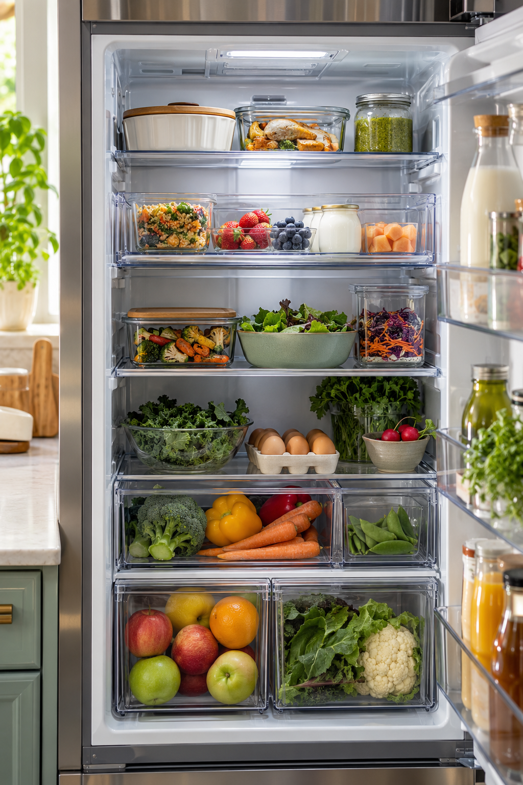 Create an Eat-First Bin in a clean organized refrigerator