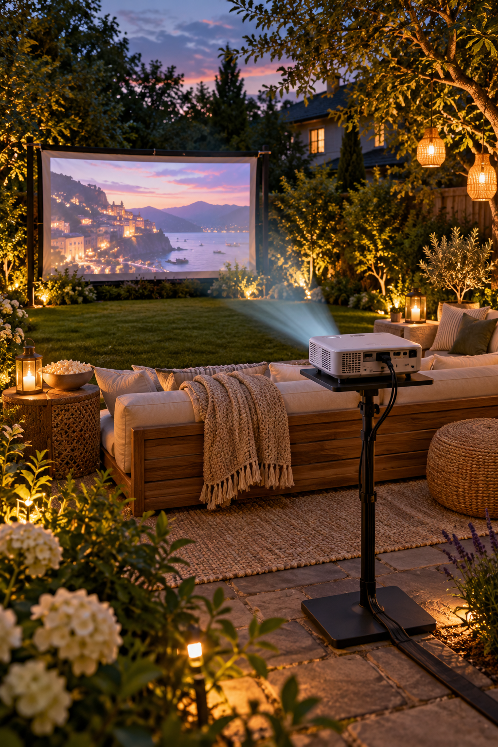 Use a Portable Projector Stand for a magical garden movie night