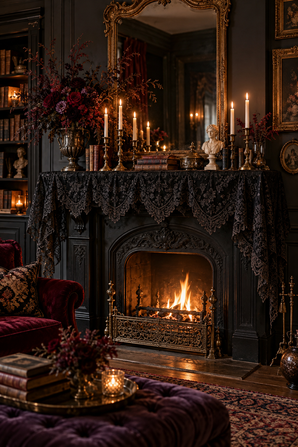 Drape the Shelf in Antique Lace styled as gothic Victorian Halloween mantel ideas