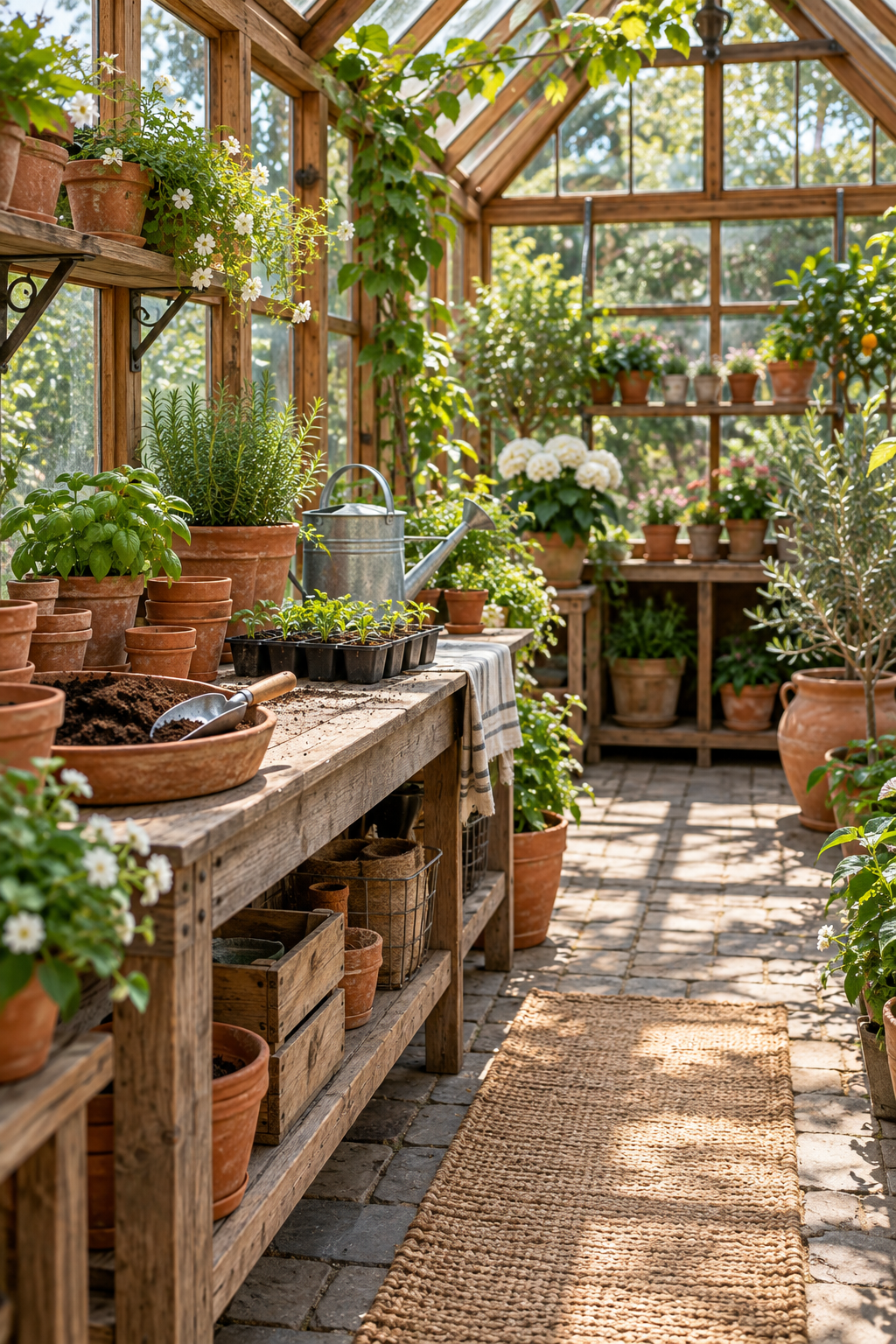Add a Weathered Potting Bench inside a beautiful garden greenhouse