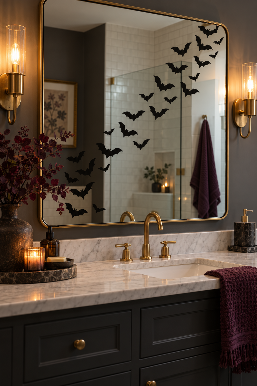Add Removable Bat Decals to the Mirror styled as Halloween bathroom decor ideas