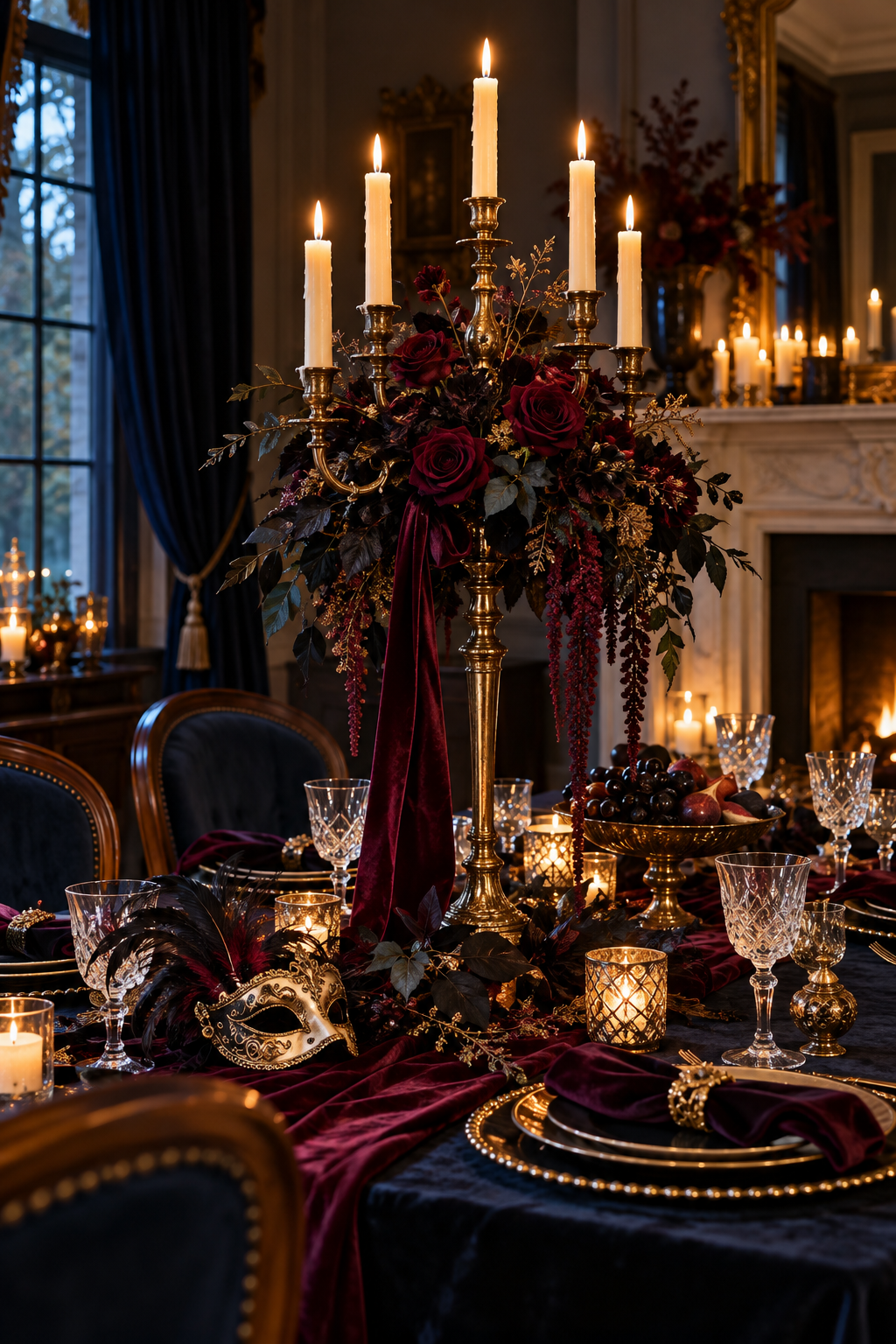 Build a Tall Candelabra Centerpiece styled as Halloween masquerade tablescape ideas