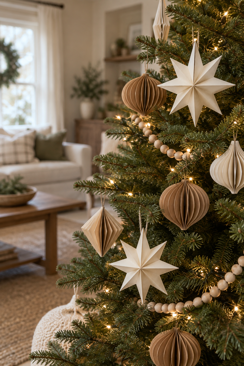 Minimal Christmas tree with handmade paper ornaments and wooden bead garland
