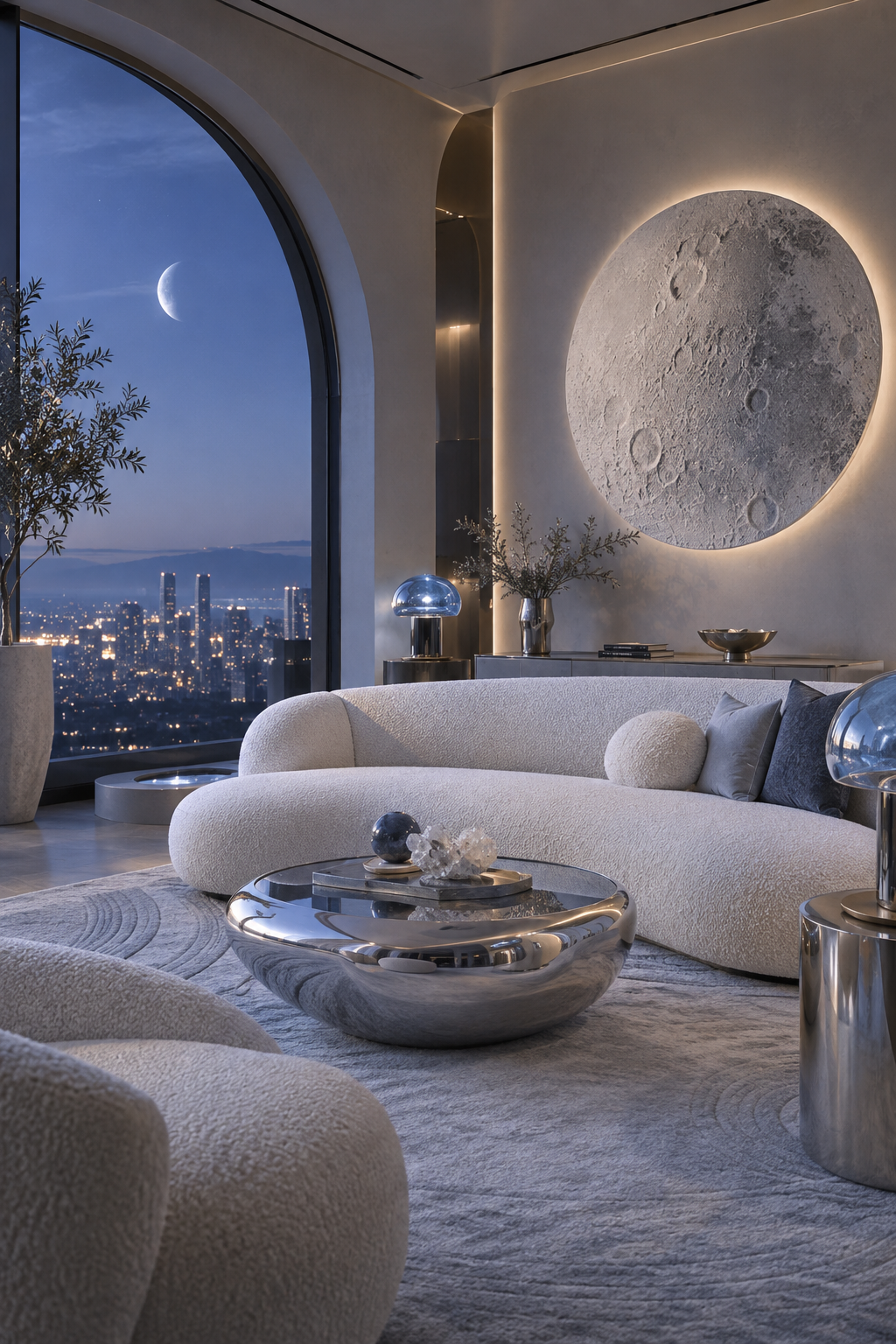 Neutral lunar living room with curved ivory seating and silver accents