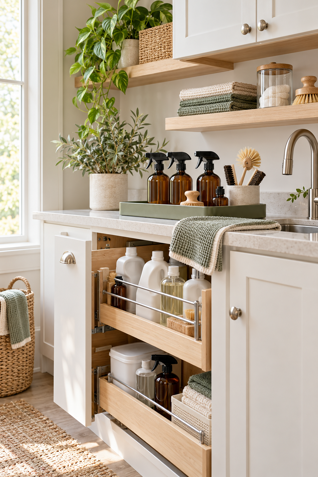 Use Amber Glass Spray Bottles in an organized naturally minded cleaning station