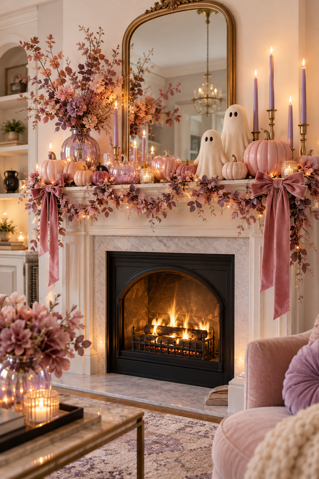 Style a Pastel Halloween Mantel styled as pink Halloween decor ideas