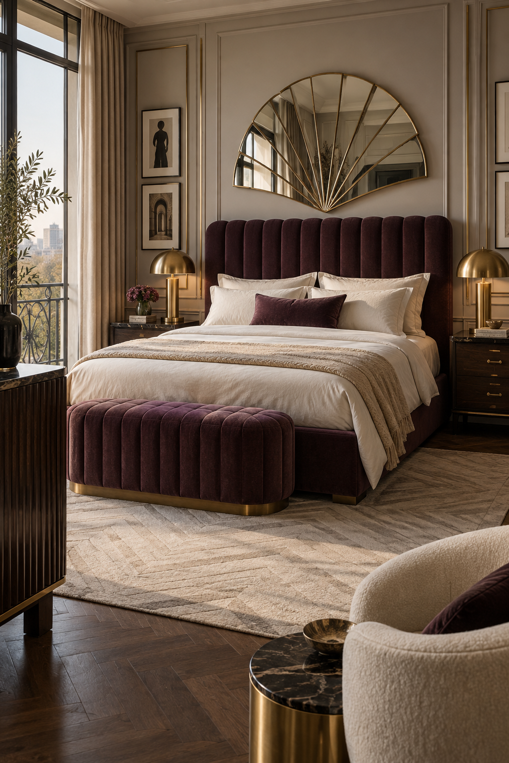 Neo Deco bedroom with a tall plum velvet headboard and warm brass lighting