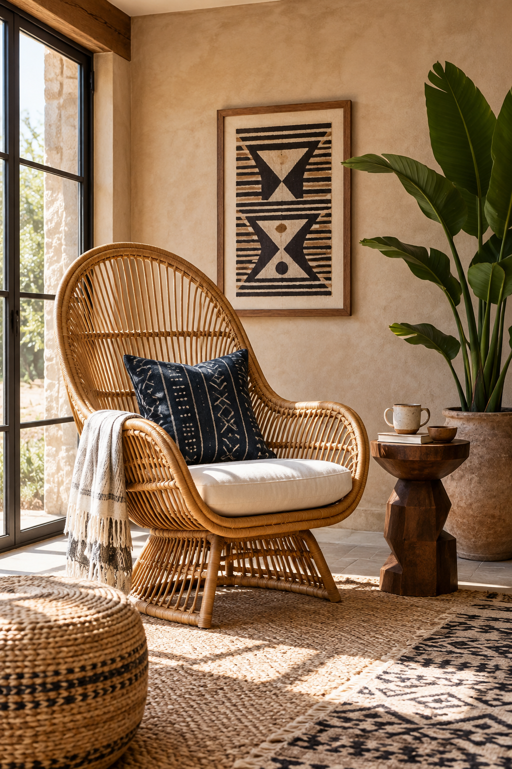 Afrobohemian reading nook with rattan chair, indigo cushion and carved wood side table