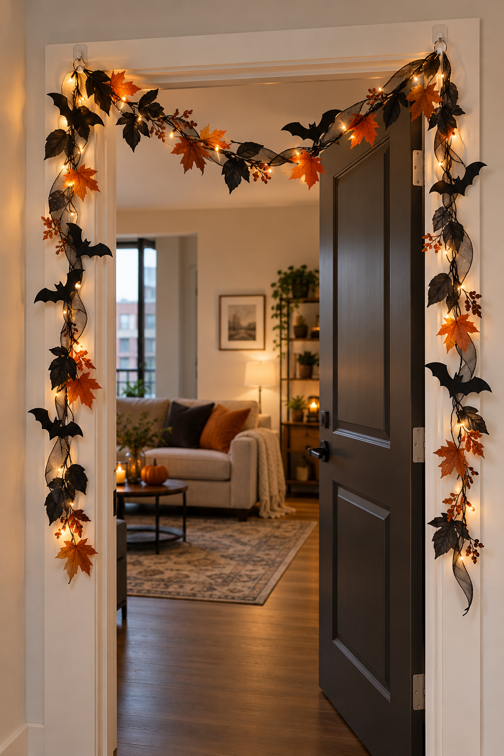 Hang a No-Nail Door Garland styled as Halloween apartment decor ideas