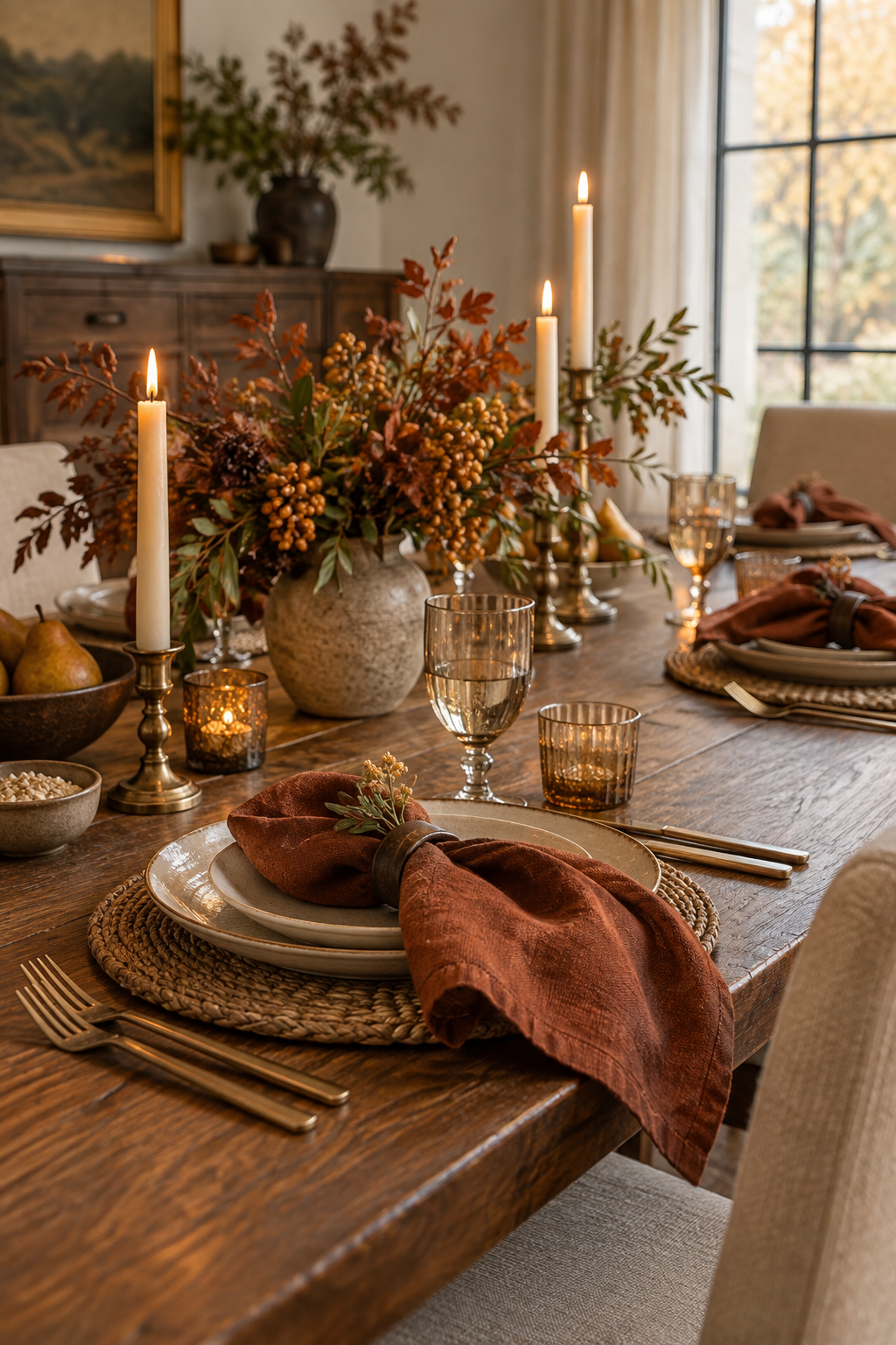 Rust linen napkins on fall dinner table