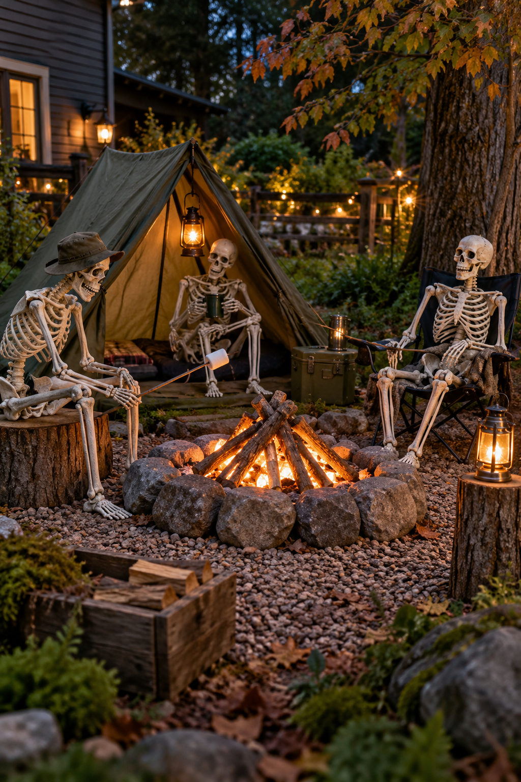 Create a Skeleton Camping Scene styled as skeleton yard display ideas