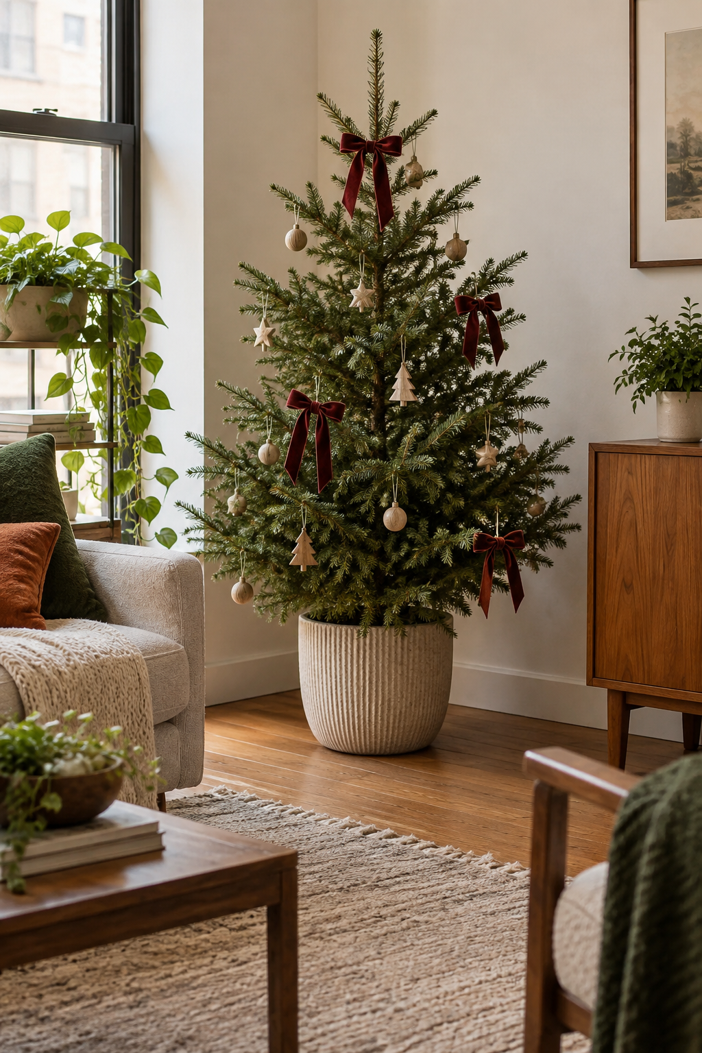 Decorate a potted evergreen Christmas tree