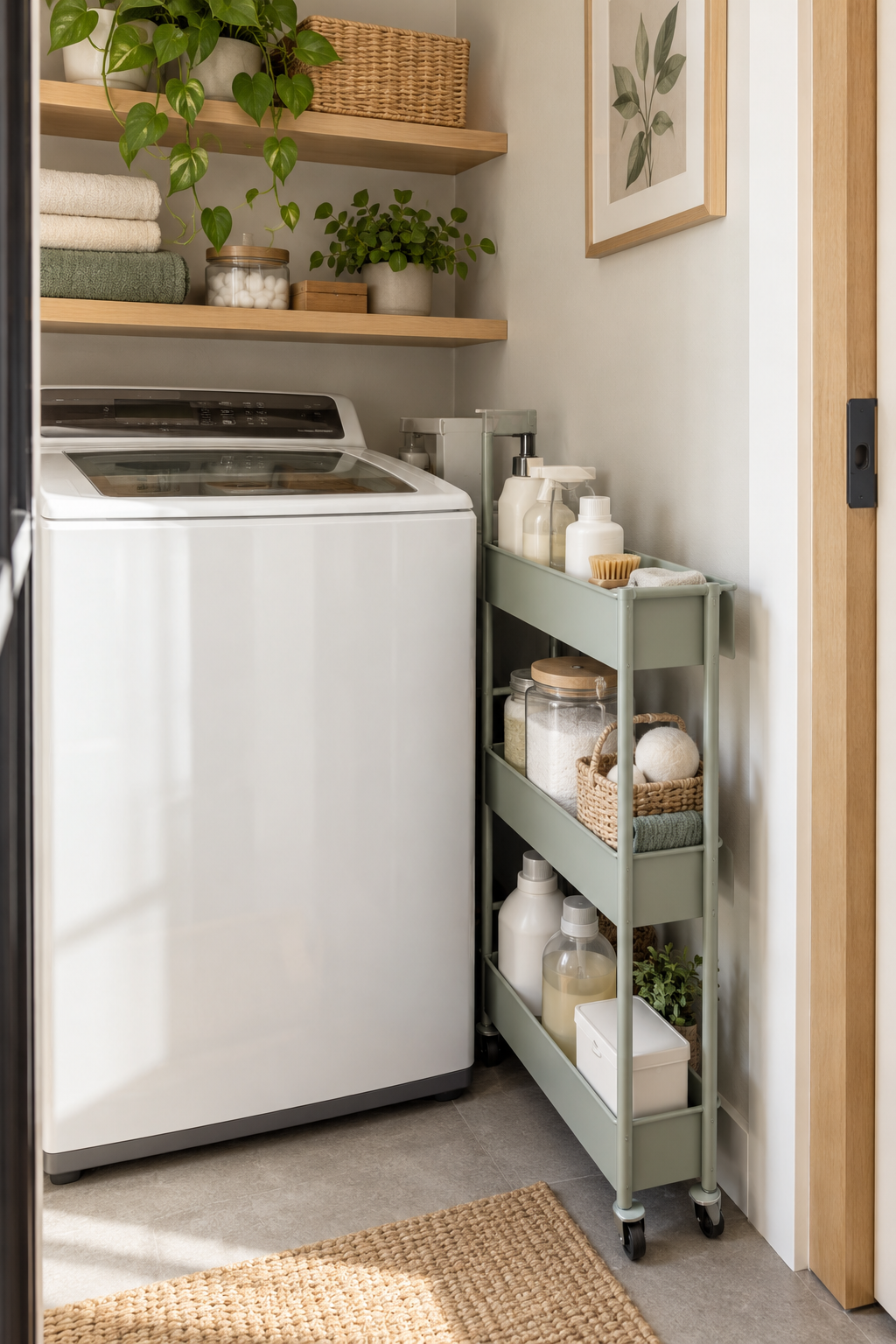 Use a Slim Rolling Cart between Appliances in a compact organized laundry room