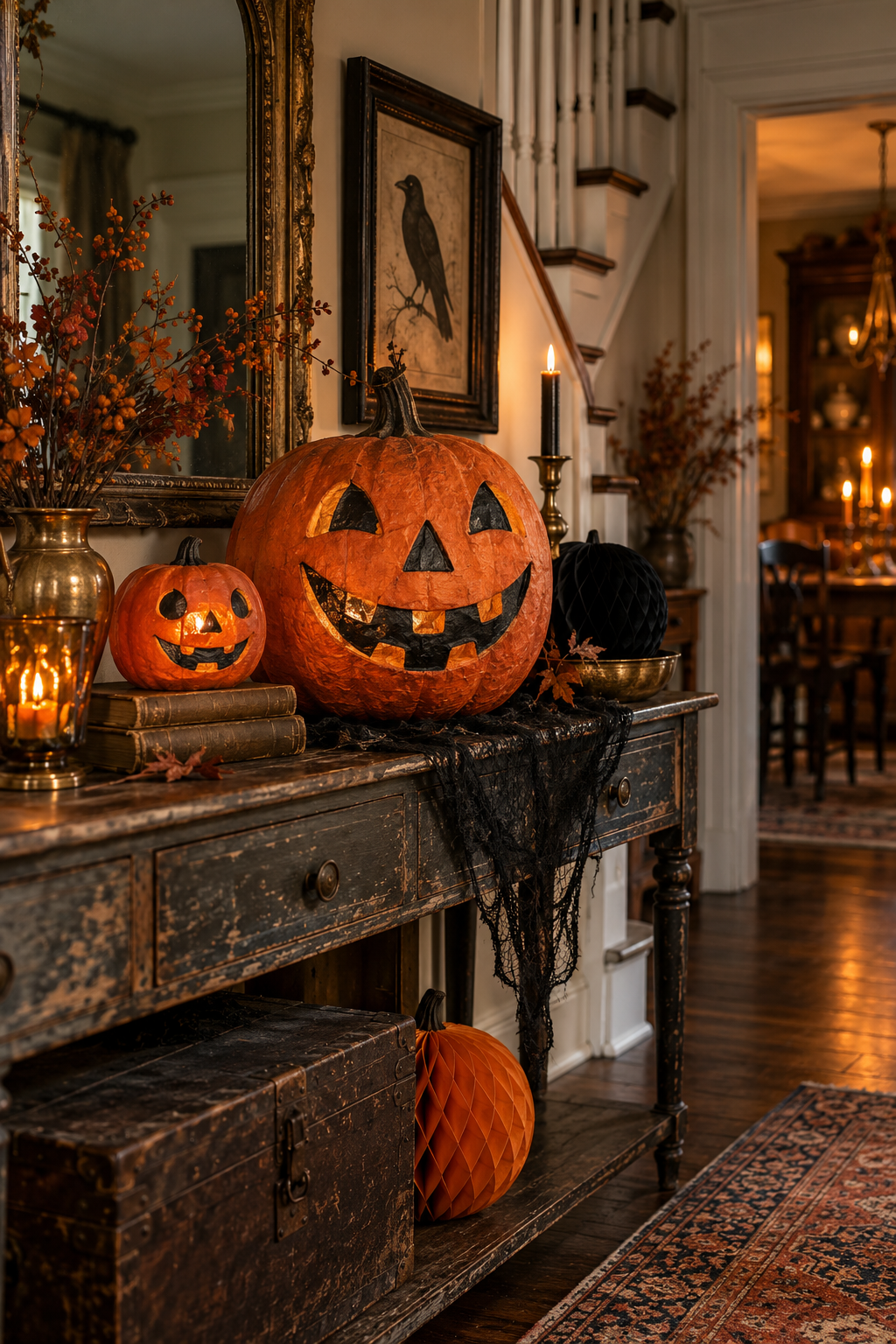 Arrange Papier-Mâché Jack-o’-Lanterns styled as vintage Halloween decor ideas