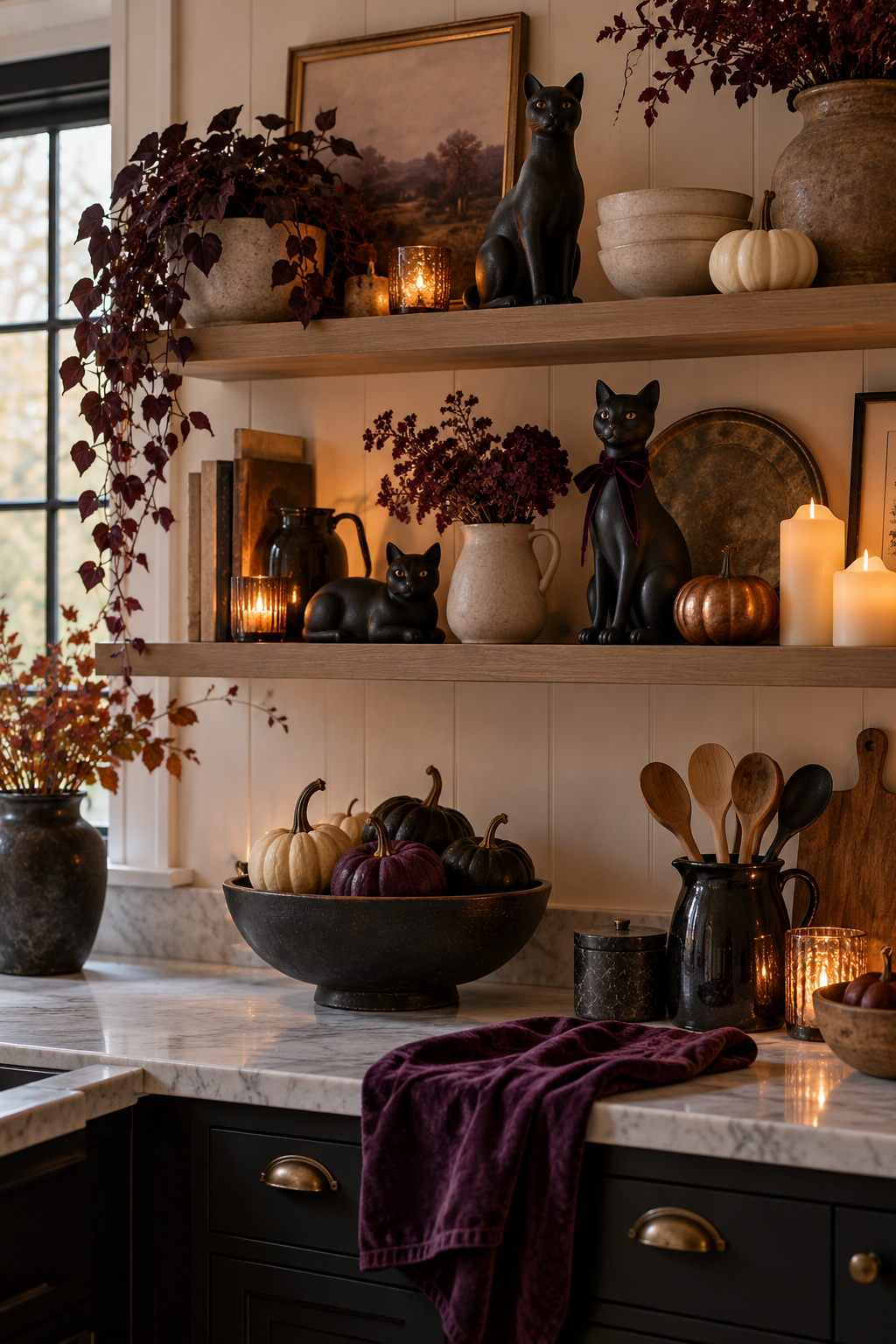 Add Ceramic Cats to Open Shelves styled as black cat Halloween decor ideas