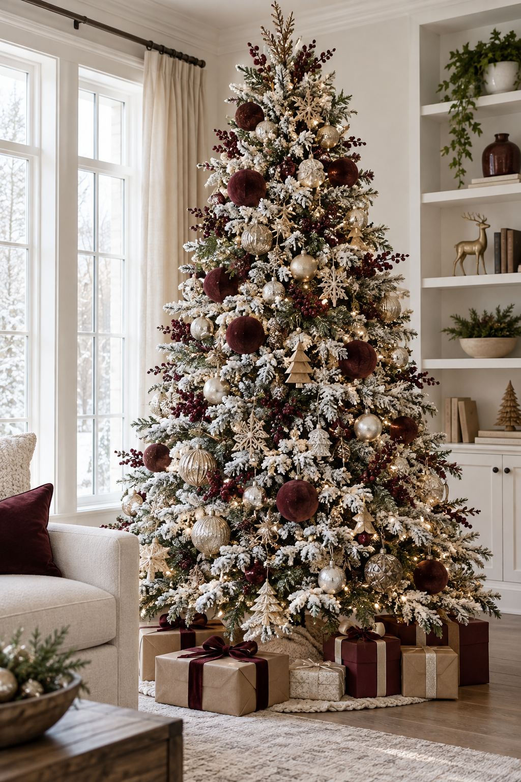 Minimal flocked tree with burgundy decorations and natural wood details