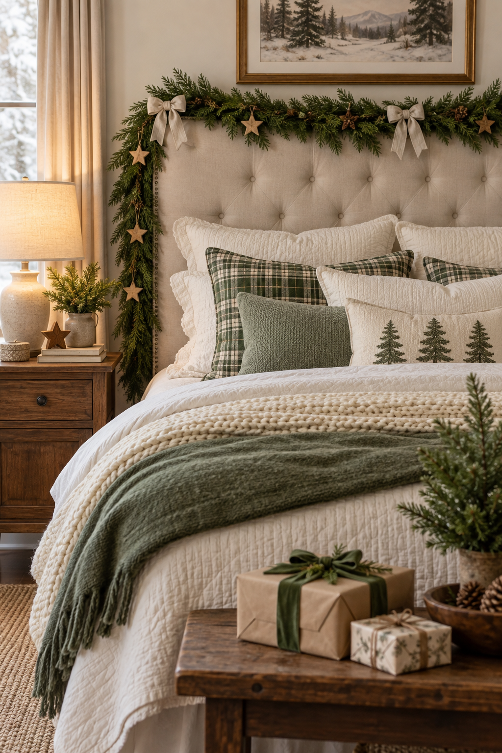 Bedroom headboard styled with a lightweight asymmetric evergreen garland and fabric ribbon