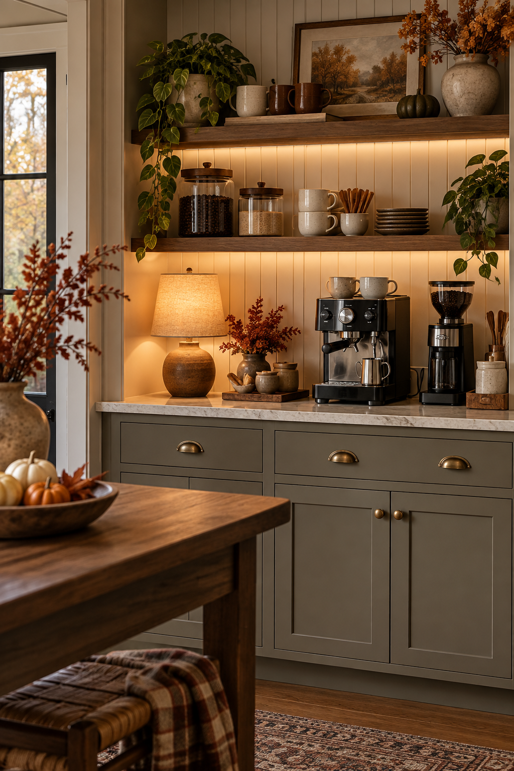Warm task lighting at a fall coffee bar